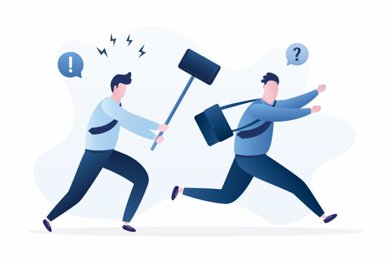 angry businessman chasing office man with a sledge hammer. business revenge and anger concept. punishment for poor performance.